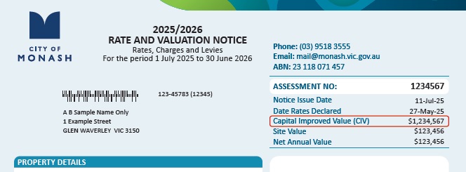 Monash Council rates notice - highlighting where the CIV can be located.